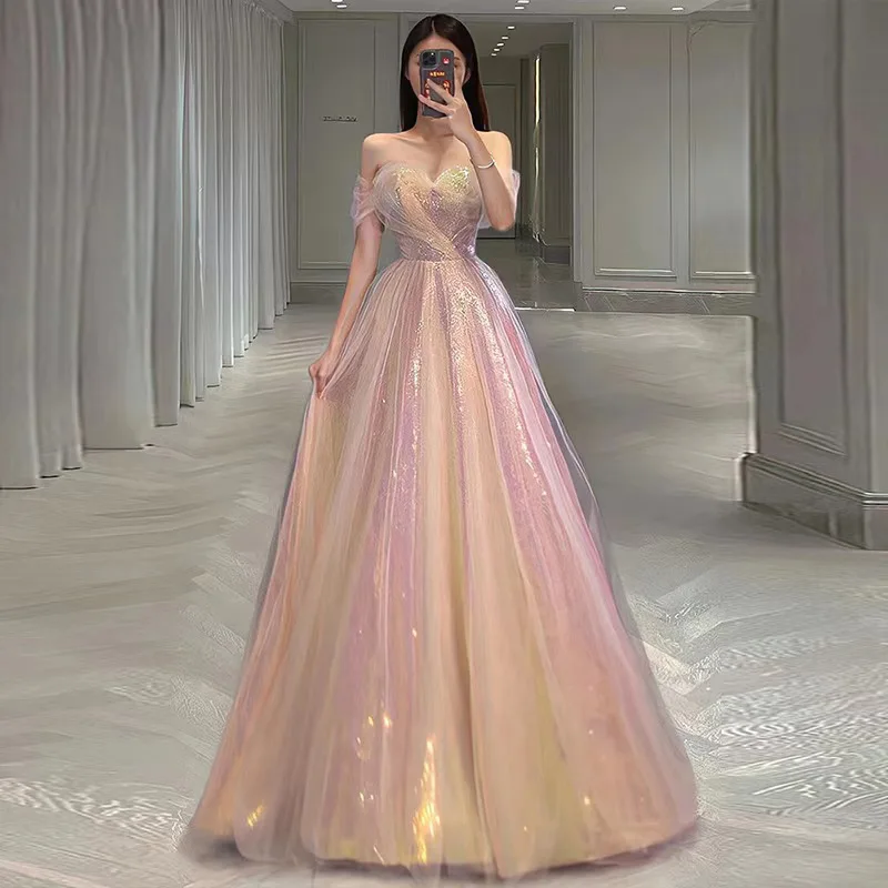 

Bride One Shoulder Wine Serving Dress Mesh Hostess Sparkling Slimming Annual Banquet Evening Gown Women Super Fairy Tale