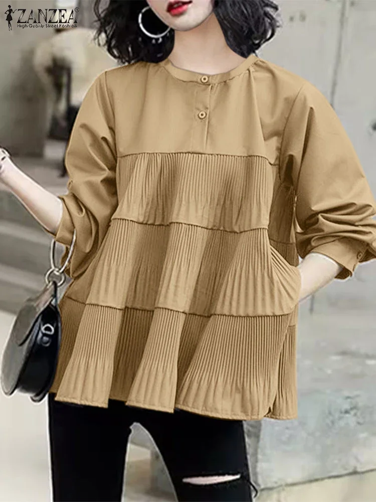 

ZANZEA 2025 Autumn Women Long Sleeve Shirts Casual Loose Round Neck Blouses Holiday Ruffled Edge Patchwork Tops Pleating Tunics