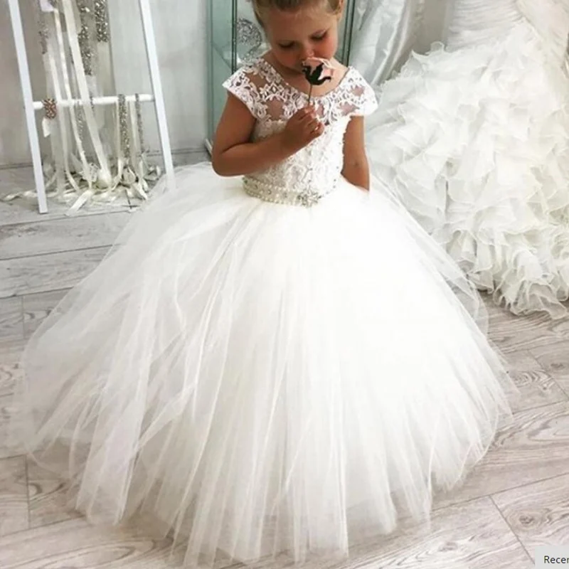 

White Bridesmaid Dress Girls Flower Girl Dresses Ball Gown Kids Wedding Party Pageant First Communion Gown Big Bow Long Sleeves