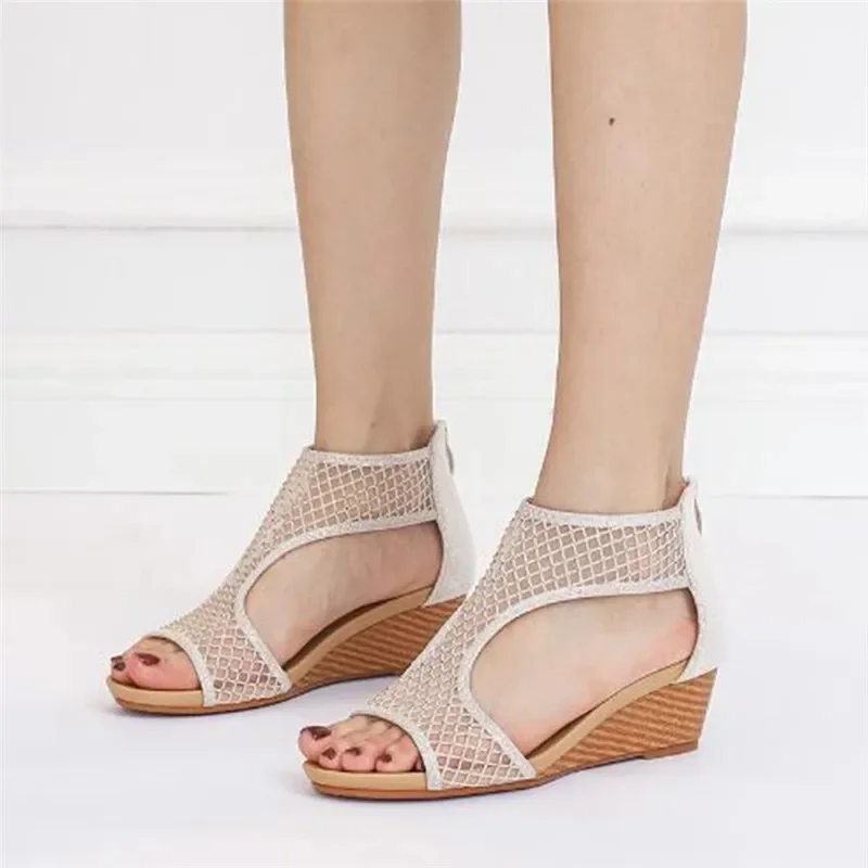 BEYARNE  elegant Lace mesh shoes women sandals wedge summer fashion roman ladies sandles party gladiator female sandalias