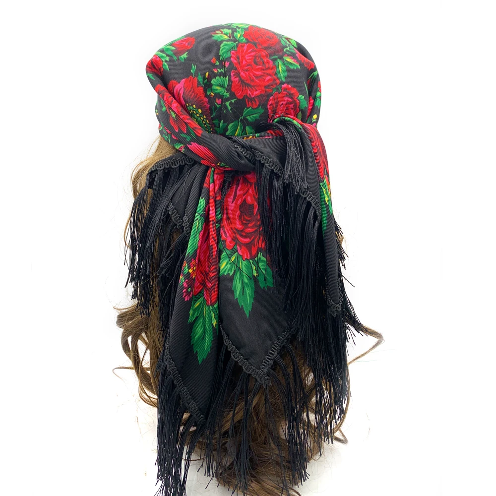 Russian Square Scarf Women Luxury Floral Print Fringed Bandana Scarves Pareo Lady Headband Scarves Babushka Head Wraps