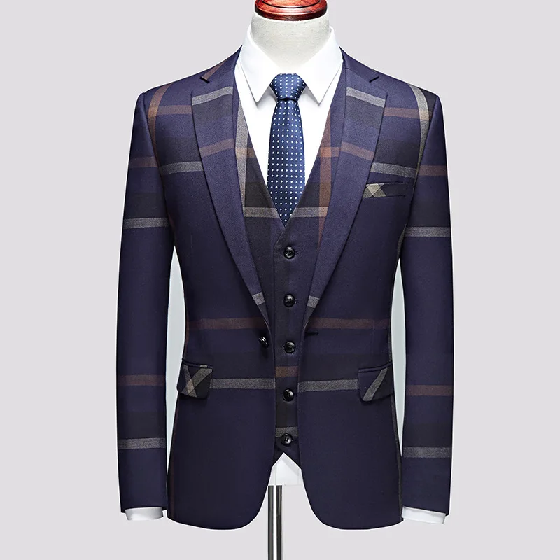 3 Pcs Suits Set Coat Vest Pants / 2023 Fashion Men\'s Casual Boutique Business Plaid Slim Formal Dress Blazers Jacket Waistcoat