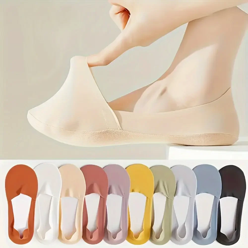 Spring 10 Pairs of Women's Invisible Socks- Comfortable, Breathable Polyester Short Socks with Sponge Bottom for Enhanced Grip and Stability, Smooth Knitted Fabric, Perfect for Casual Wear Womenswear Basic summer
