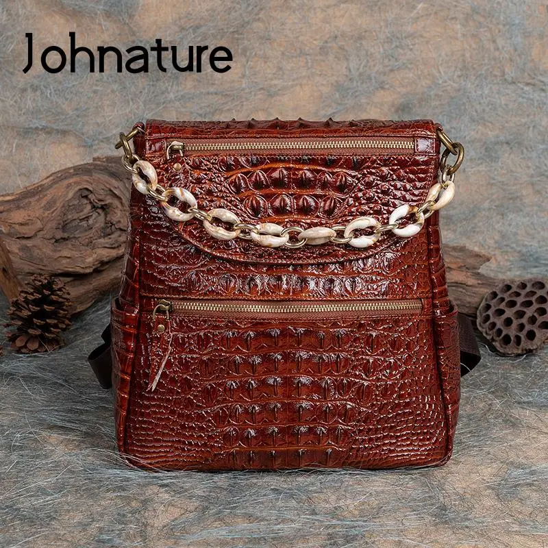 

Johnature Genuine Leather Backpack Women Bag Vintage Crocodile Pattern Embossed Cowhide Large Capacity Travel Backpacks