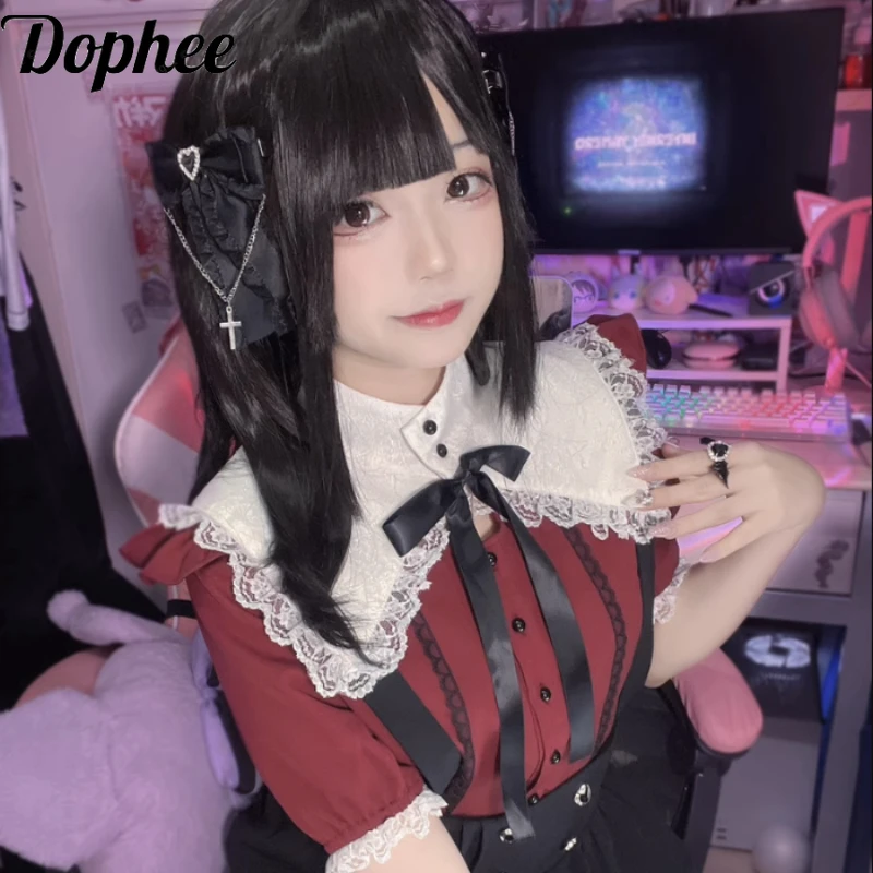 

Dophee Original Square Collar Bow Puff Short Sleeve Shirts Women Gothic Lolita Subculture Elegant Lace Women Blouses Y2k Top