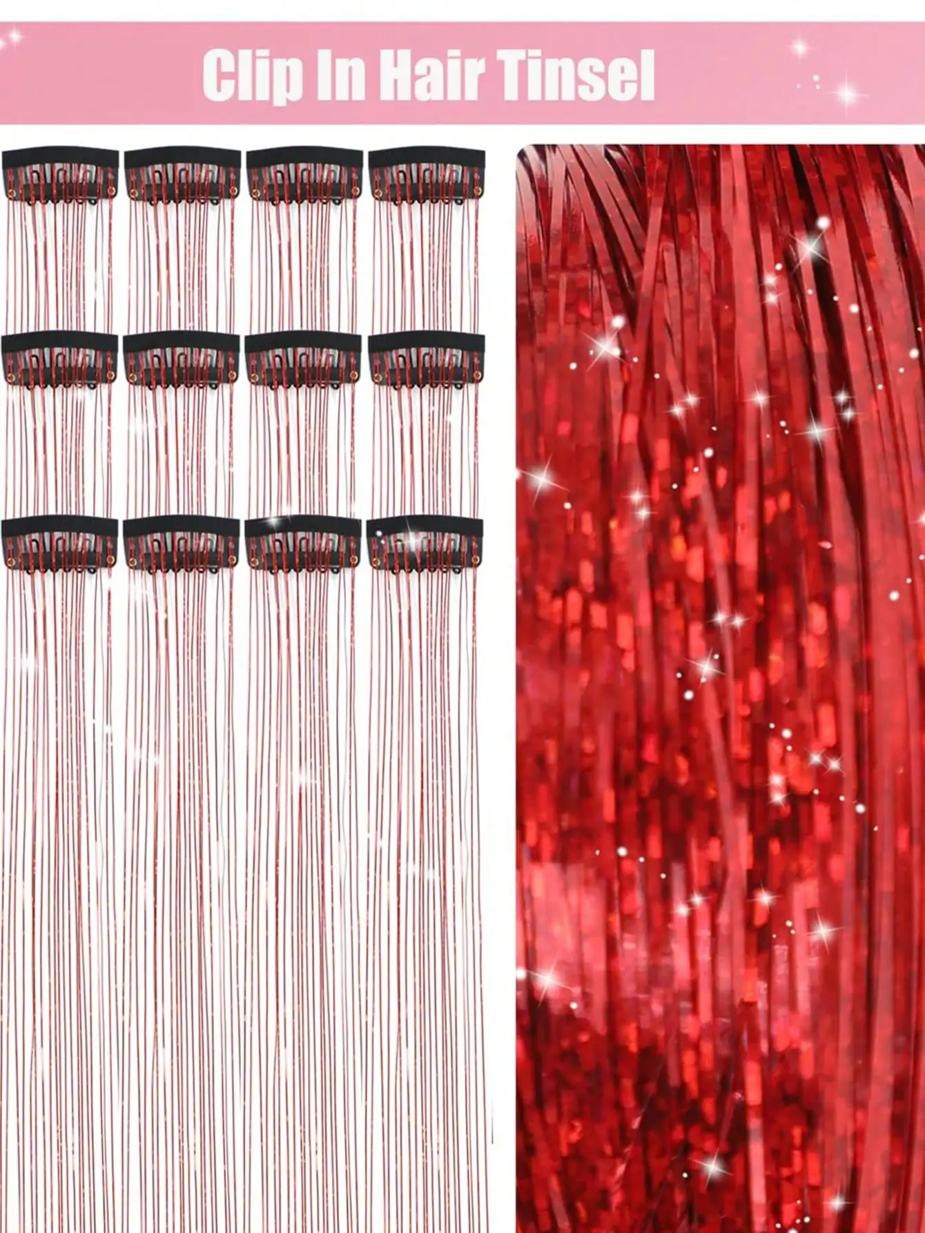 6 Pcs Royal Clip-In Hair Tinsel Synthetic Heat Resistant Glitter Fairy Hair Extensions Kit Clip for Women Girls Party Daily Use