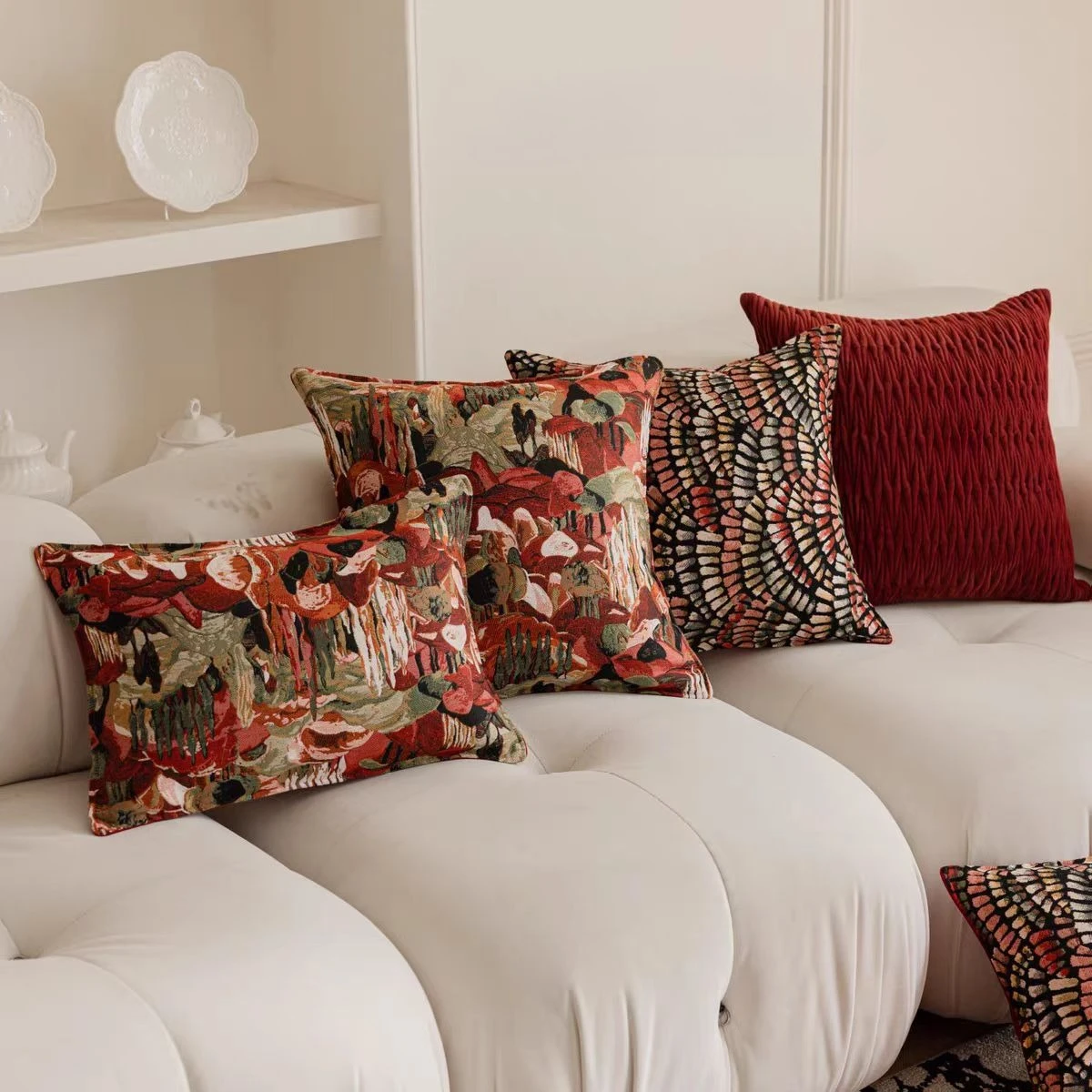French LuxJacquard Cushion Cover Modern Tropical Forests Pillow Cover Decorative Texture Wine Red Home Decor Sofa Pillowcase
