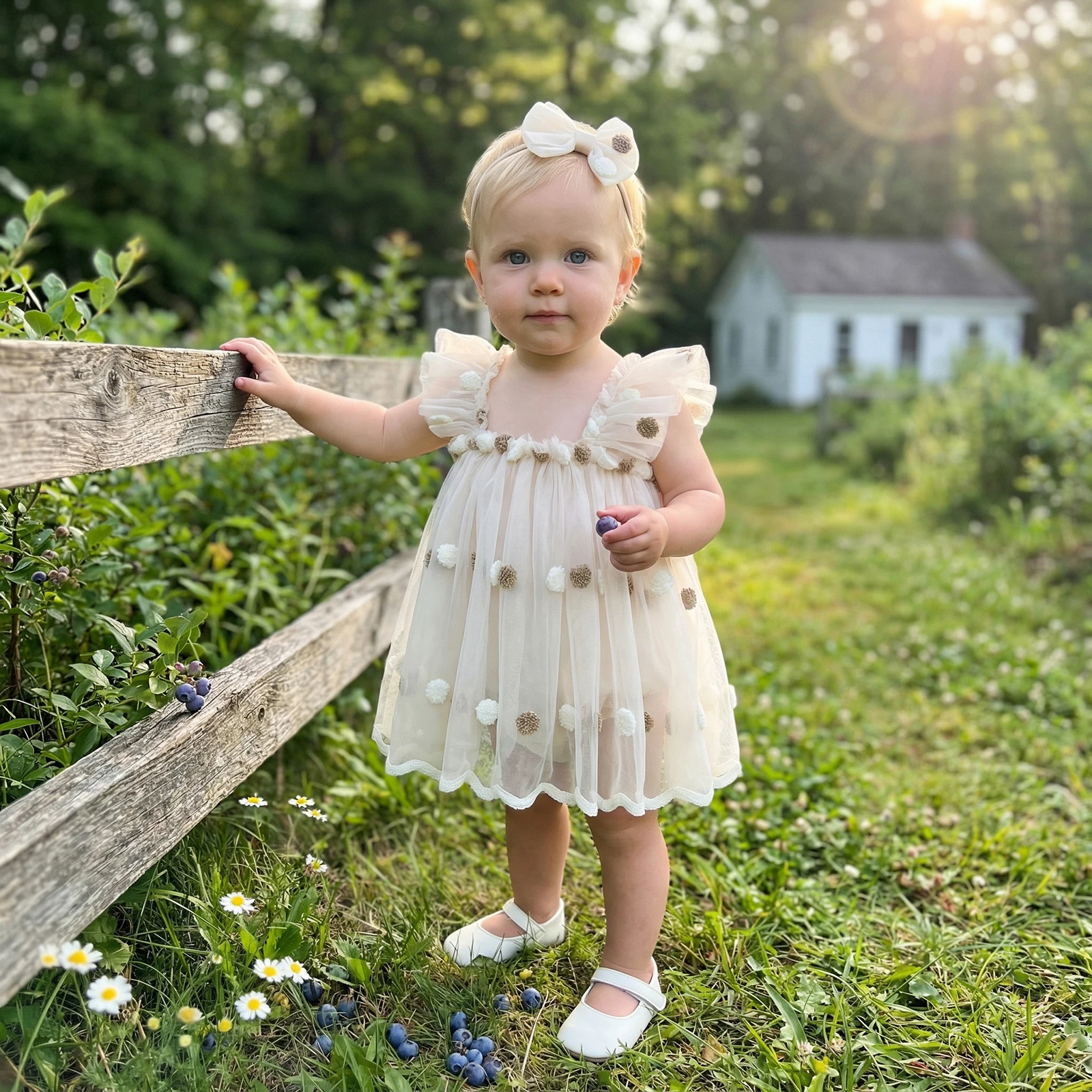 Baby Girl Summer Outfits Decorative Plush Ball Flying Sleeve Mesh Romper Dress and Bow Headband 2 Pcs Set 0-18M