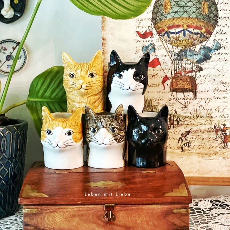 

Cat Head Shape Flower Vase Hand-painted Ceramic Vase Flower Arrangement Home Accessories Decoration