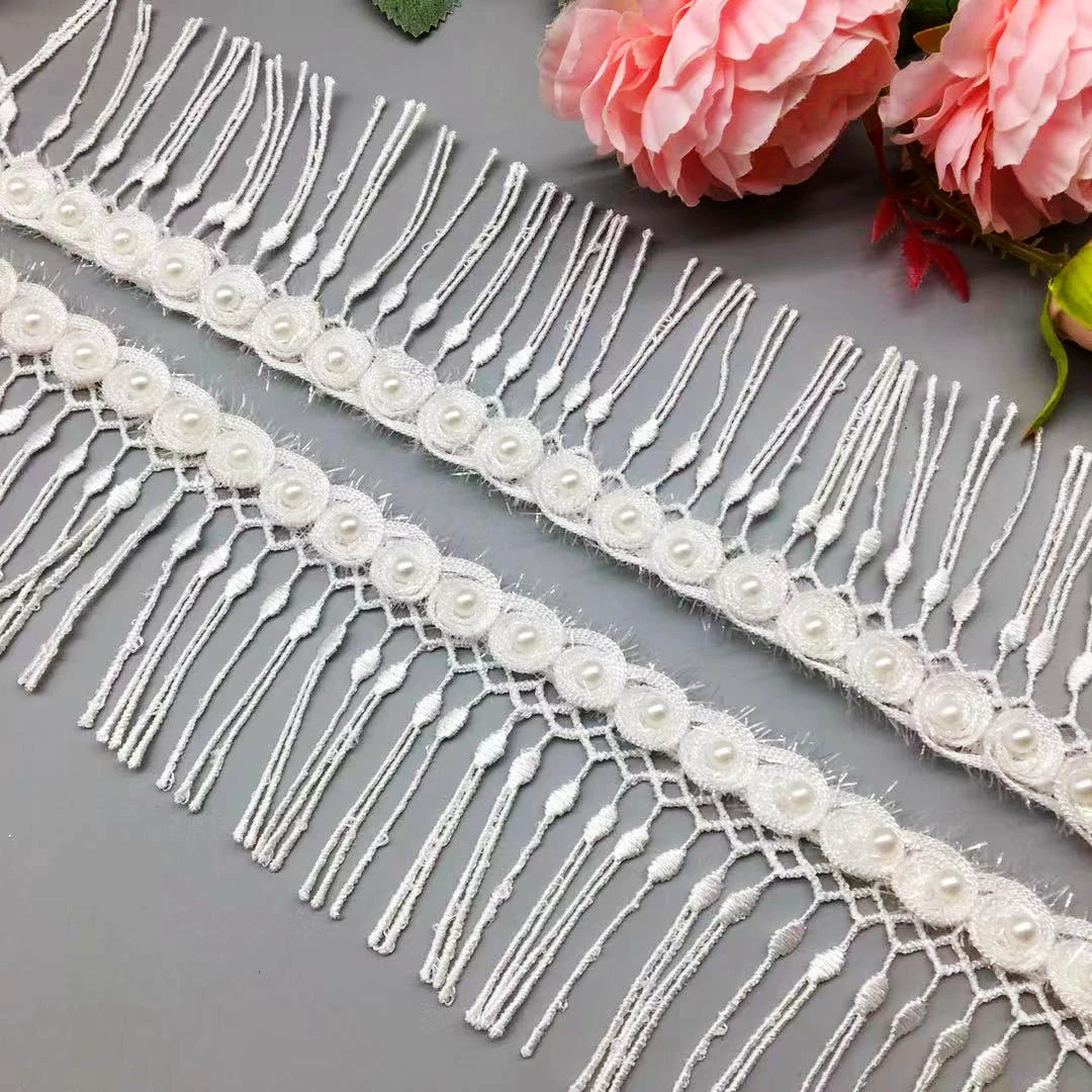 

200Pcs Soluble White Pearl Rose Flowers Embroidered Fringe Tassel Lace Trim Ribbon Fabric Sewing Craft Wedding Dress Decoration