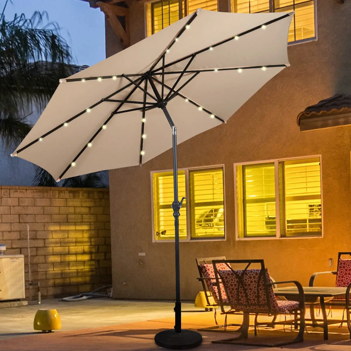 10FT Patio Solar Umbrella LED Patio Market Steel Tilt W/ Crank Outdoor New