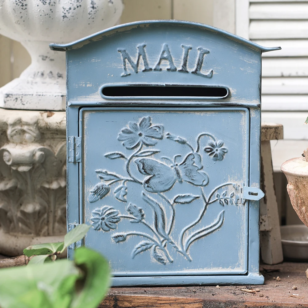 Blue Three-dimensional Relief Mailbox Ironwork Retro Garden Wall-mounted Mailbox Decorative Suggestion Box Fairy Garden