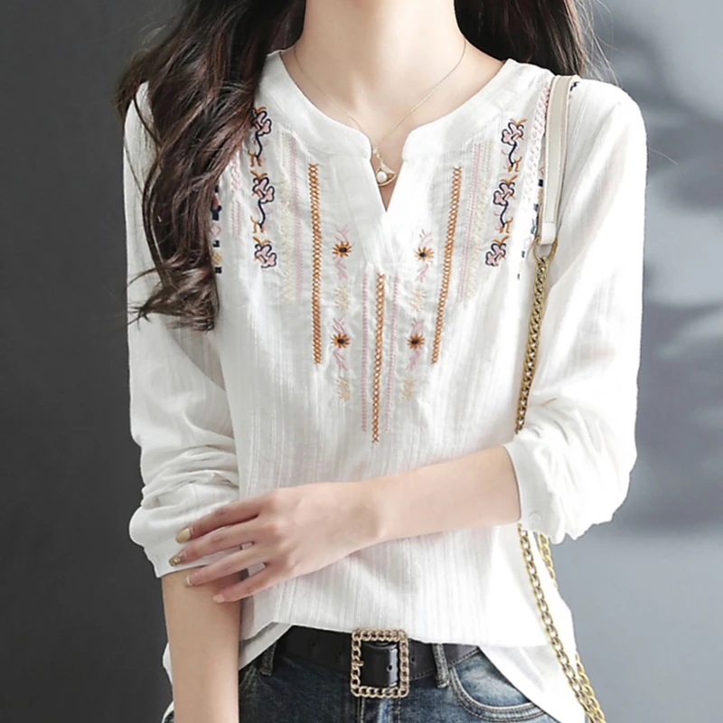 

Fashion Long Sleeve Embroidery Cotton Shirts 2023 Women V-neck Blouse New Autumn White Vintage Loose Clothes Blusas Tops 30351