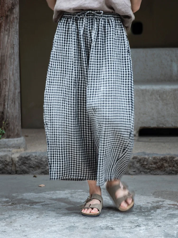 

Оригинальные женские свободные повседневные брюки-палаццо в клетку из льна с художественной отделкой, эластичный пояс Hanyaya