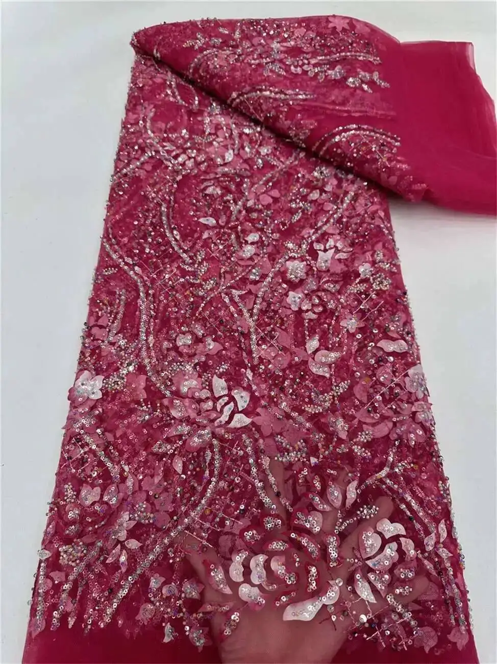 

African French Tulle Groom Beads Lace Fabric 5 Yards 2025 High Quality Nigerian Lace Fabric African Lace Fabric For Wedding