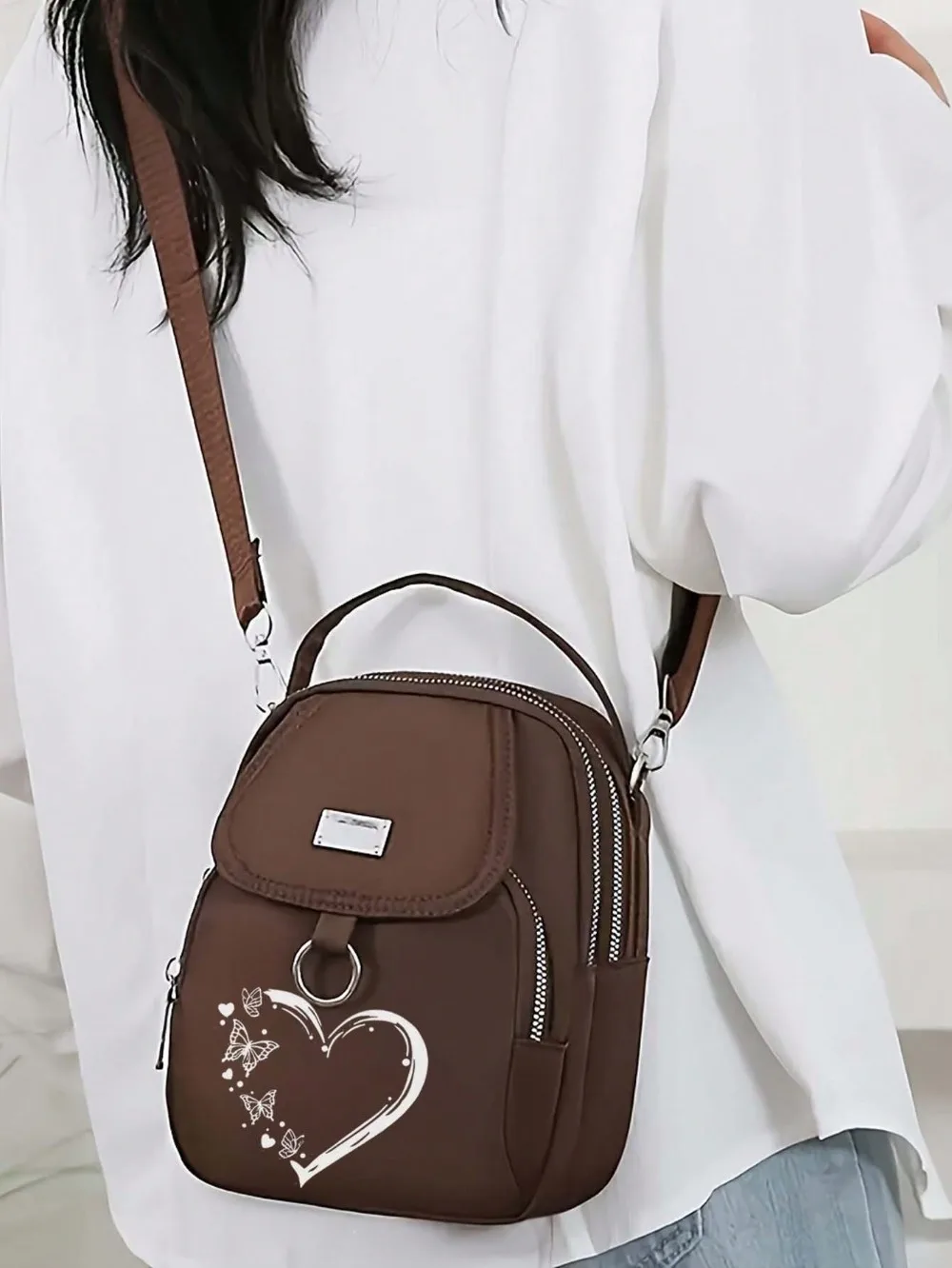 1pc frauen Nylon Schulter Tasche Herz Schmetterling Muster Casual Mini Umhängetasche Einstellbar Multi-Schicht Einfarbig hand Tasche – Detail 10