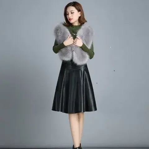 PU Leather Skirt Women\'s A- line Large-Size Knee-Length High-Waist Pleated Skirt Woman Skirts Mujer Faldas Saias Mulher