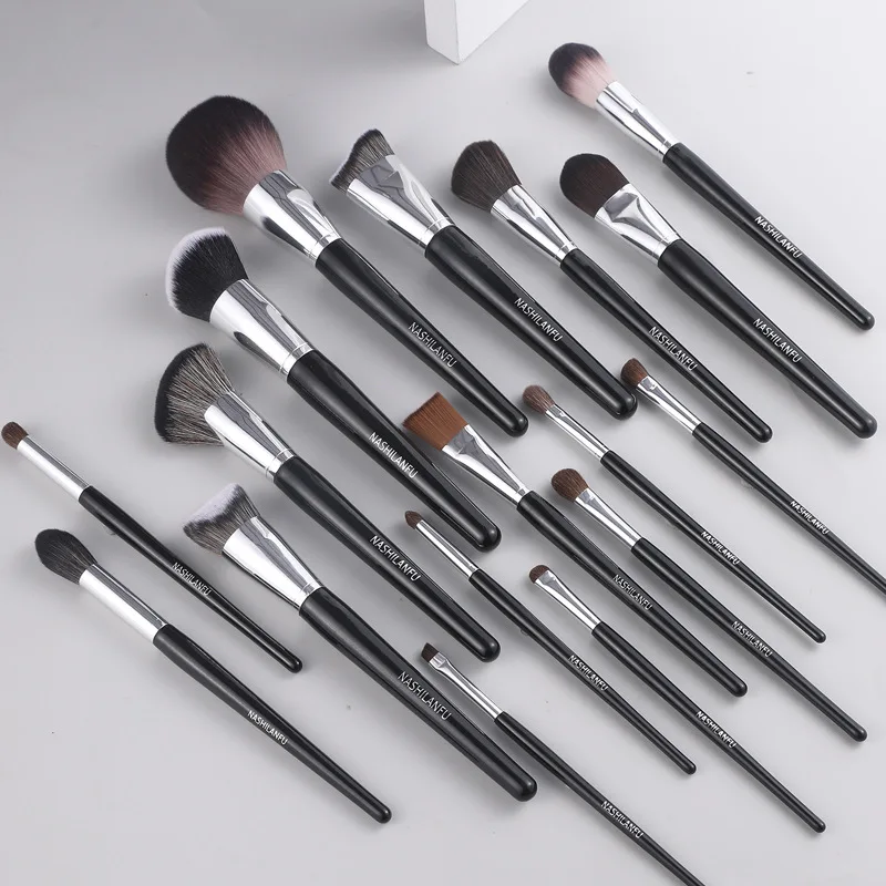 

Full Set Horse Hair Makeup Brushes Soft Bristles Black Silver Handle for Full Face Makeup
