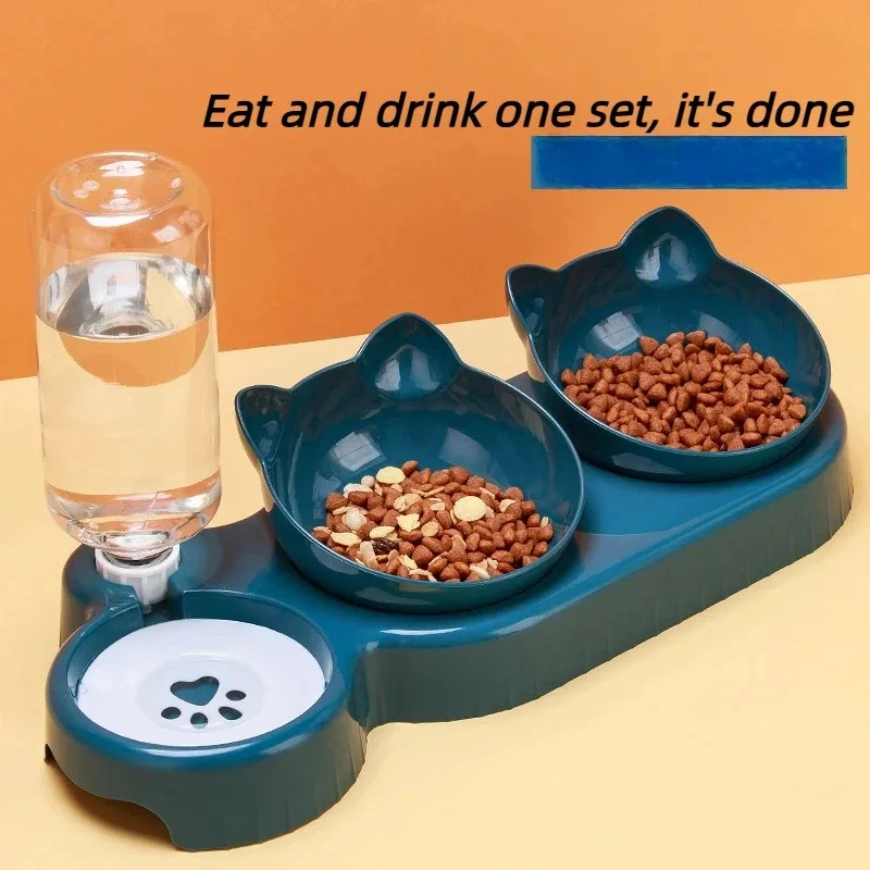 Pet Cat Bowl Double Bowl Cervical Protection Automatic Water Feeder Anti-tipping Dog Food Bowl Pet Daily Supplies