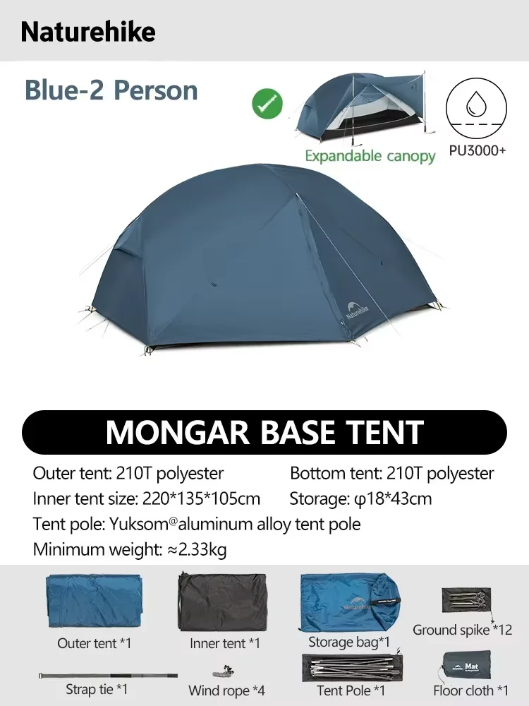 Naturehike Mongar 2 Base/UL/PRO Campingzelt Ultraleichtes Outdoor Wasserdichtes 20D Nylon Wanderzelt 2-Personen-Rucksackzelt