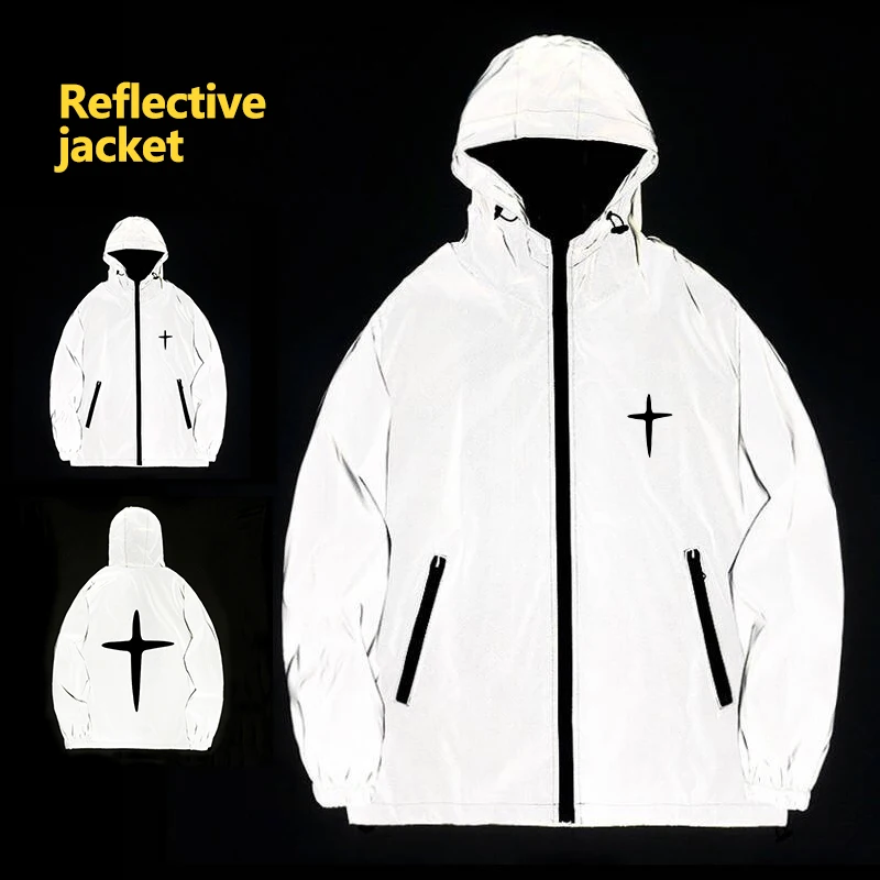 Cross Print Night Reflective Coats Men's Outdoor Cycling Jogging Windproof Casual Hooded Jacket Fashion Hip-Hop Dance Clothes