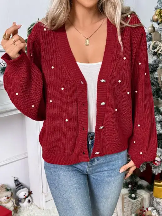 

2025 New Autumn Sweet Style Knitted Cardigan V-Neck Pearl Decoration Red Christmas Sweater Jacket for Women