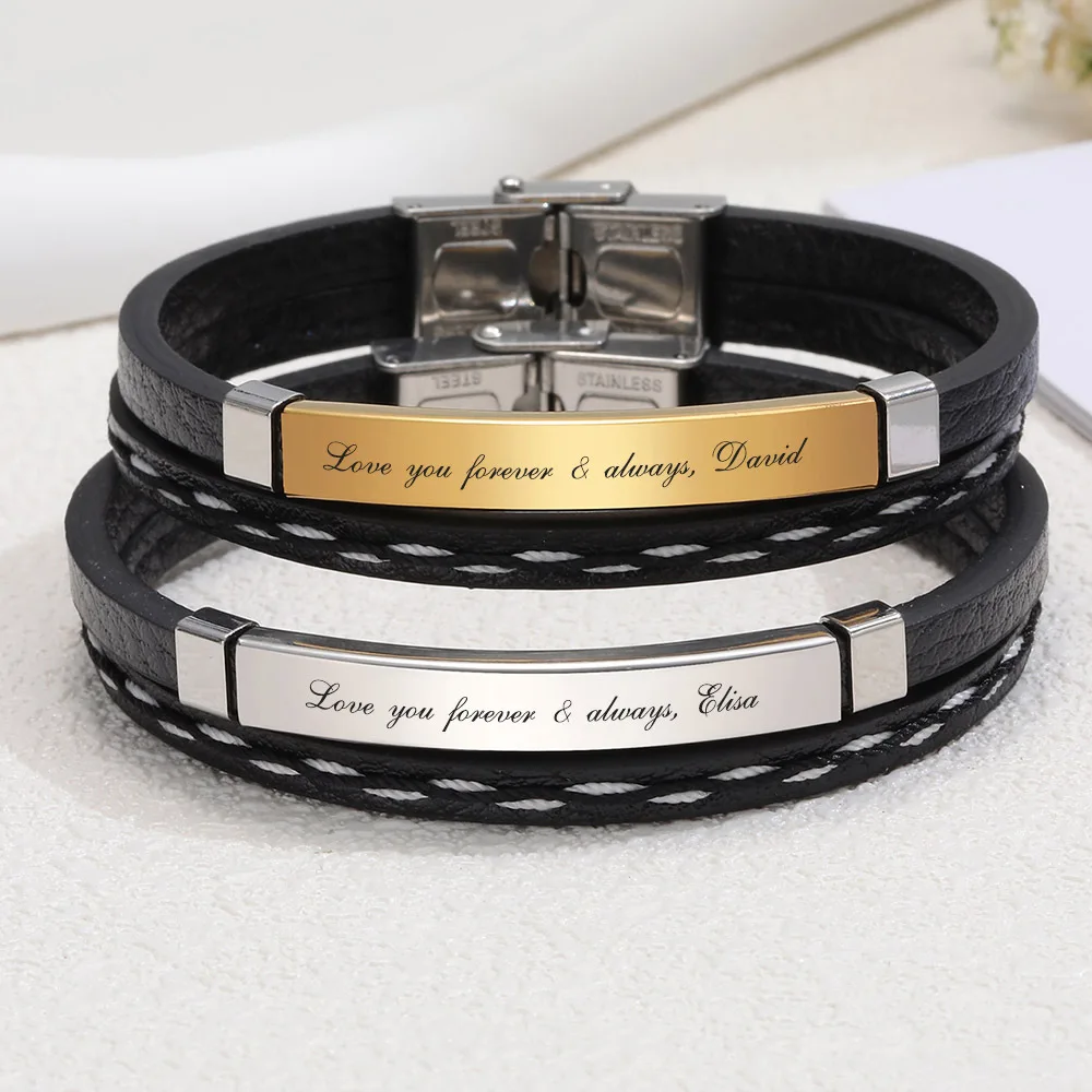 Vnox Free Custom Couple Bracelets Gift for Him Her, PU Leather Stainless Steel Bangle, Love Promise Valentines Day Gift to BF GF