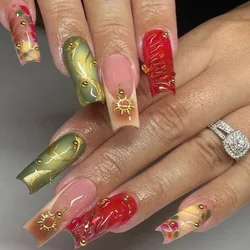 24pcs Baroque Gold Sun Decor Fake Nail Patches 3D European Ballet Coffin Press on Nails for Women Wearable French False Nails