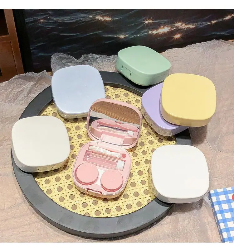 Simple Macaron Color Series Contact Lens Case Portable, Small Korean Version of the INS High-Beauty With a Mirror Partner Box