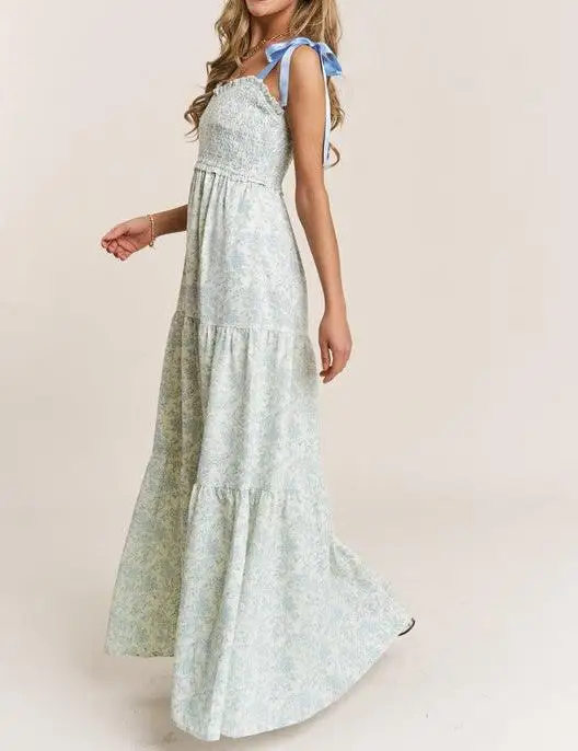 New Fashion Women Floral Tie Shoulder Dress Smocked Sweetheart Neck Sleeveless Backless A-line Long Tiered Ruffle Dress S M L