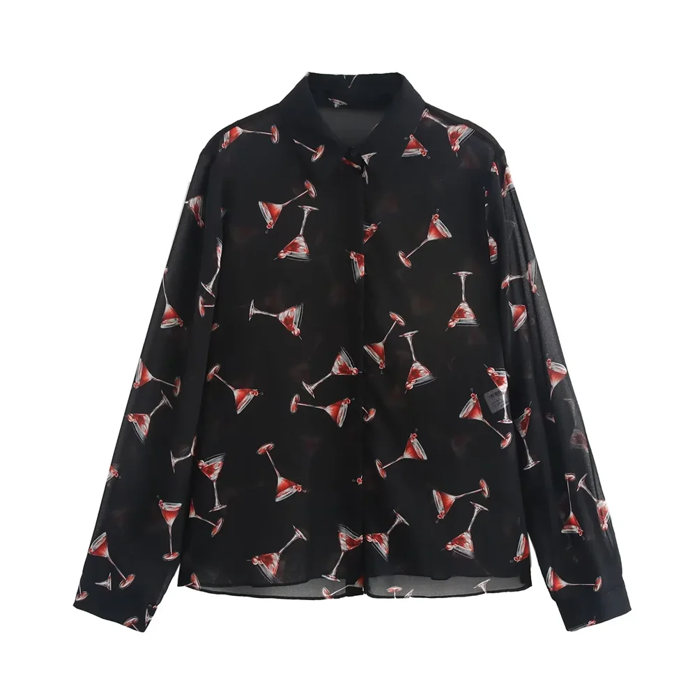 

2024 Autumn New Product Fashion Simple Versatile Printed Semi transparent Long sleeved Shirt Women's Wear