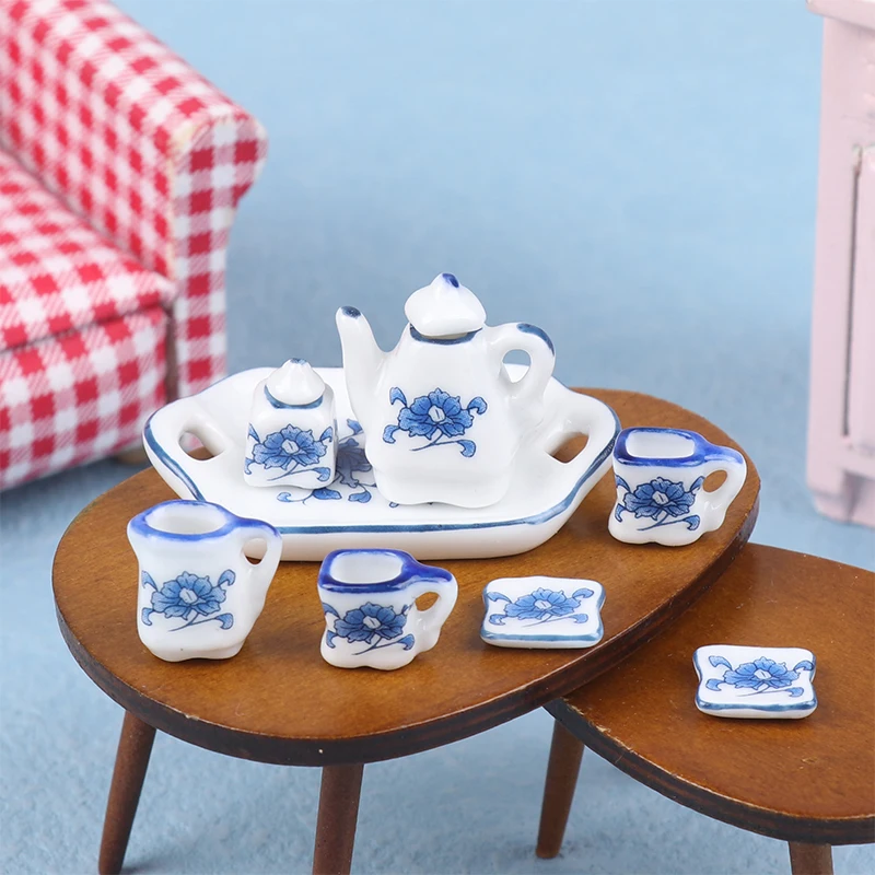 1Set 1:12 Dollhouse Miniature Ceramic Tea Set Kettle Cup Tray Flower Tableware Kitchen Decor Toy Doll House Accessories