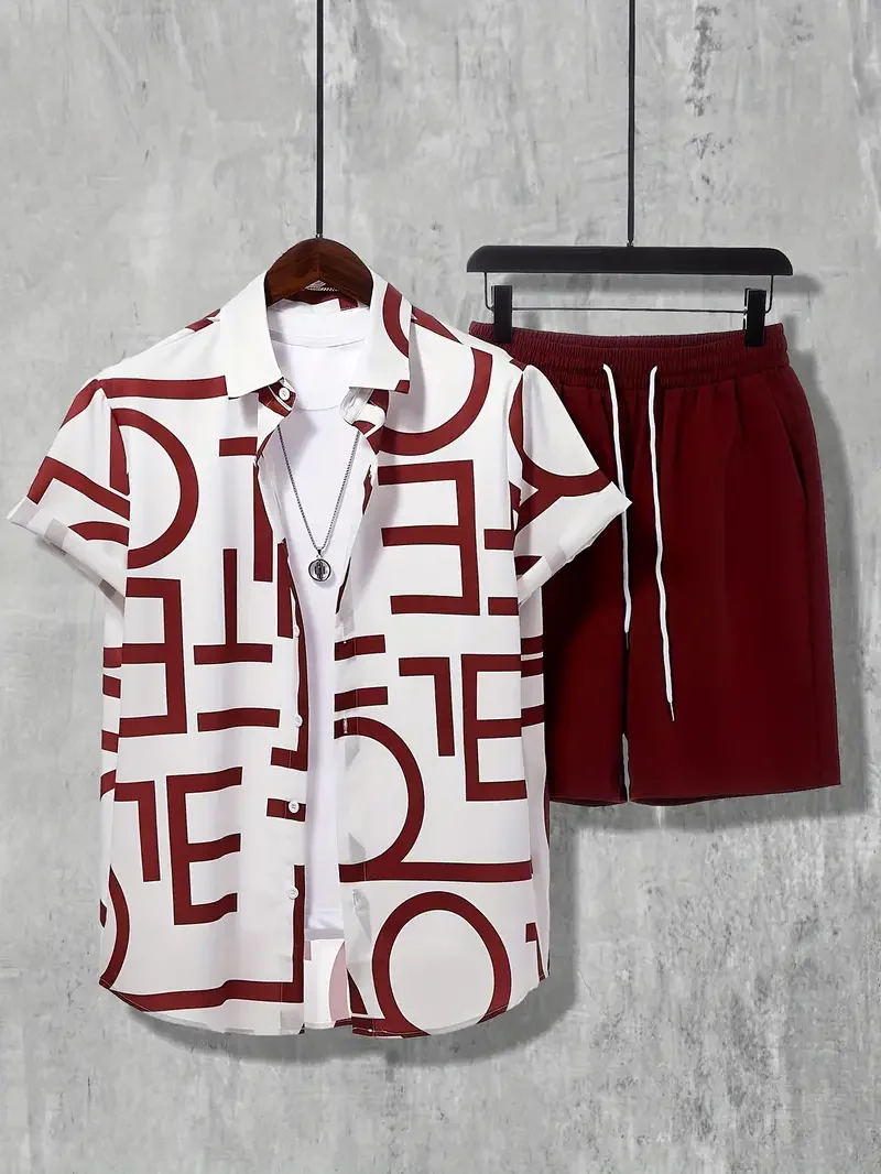 

Men's Stylish Hawaiian Shirt Set Simple All-in-one 3D Printed Button-down Shirt And Beach Shorts Street Wear Oversize Shirt Set