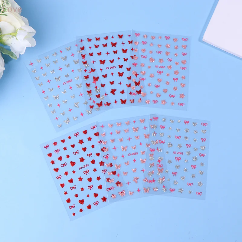 

[L&P]Pink Butterfly Butterfly Bow Nail Stickers Shiny Laser 3D Butterflies Nail Decals Adhesive Butterfly