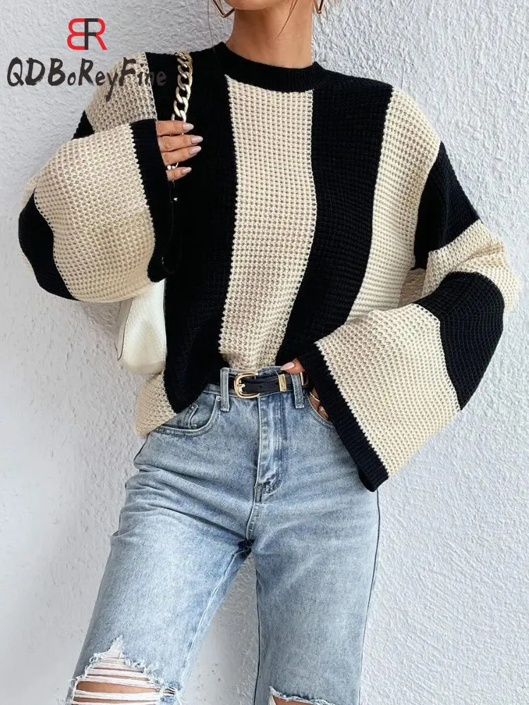 Autumn Winter Women\'s Knitted Pullovers Vintage Loose O-neck Long Sleeve Tops Casual Oversized Striped Sweaters for Women 2024