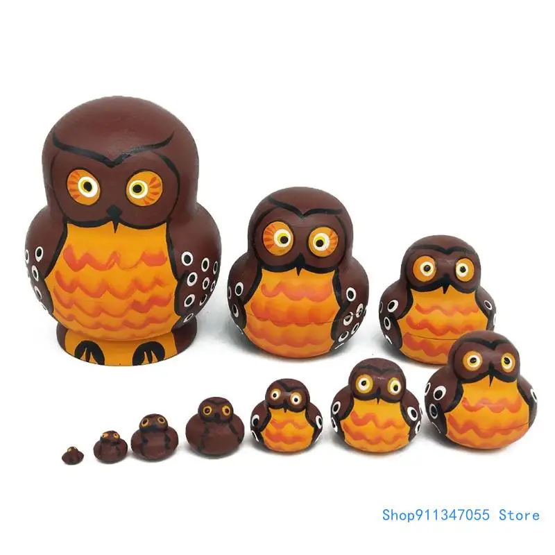 10pcs Cartoon Big Belly Brown Owl Wooden Russia Nesting Dolls Matryoshka for Kids Children Birthday Drop shipping