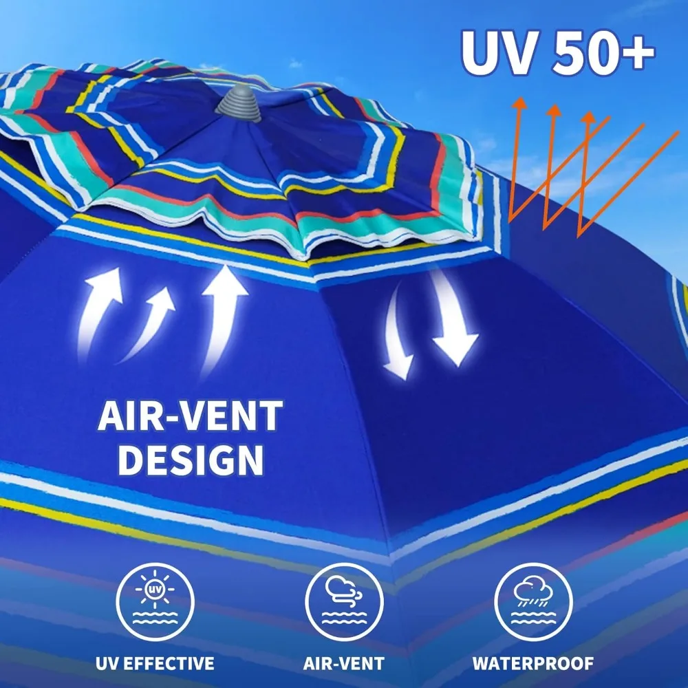 Payung Pantai Tahan Angin Berat 7 kaki dengan Jangkar Pasir, Dapat Dimiringkan, Perlindungan UV 50+, Naungan Matahari Portabel untuk Luar Ruangan