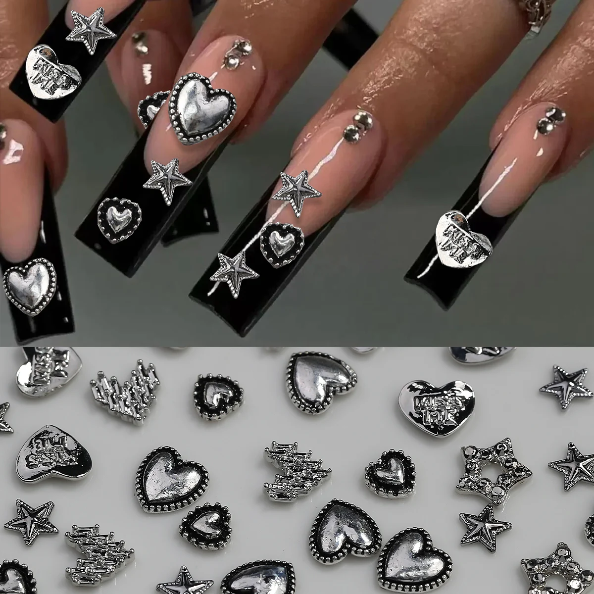 6-Compartment Alloy Heart & Five-Pointed Star Shape Nail Art Charm Boxed Metal Nail Rhinestones Ornament For Girls & Ladies