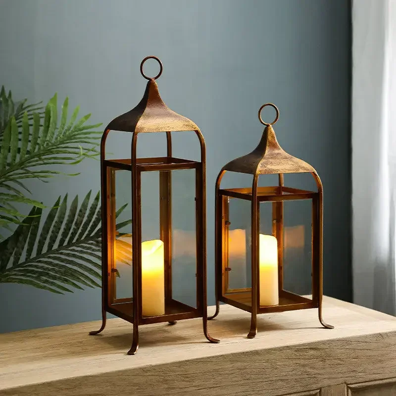 Large Glass Lantern Iron Candlestick 2026 Decorative Ornaments Metal Nostalgic Classic Garden Courtyard Lighting