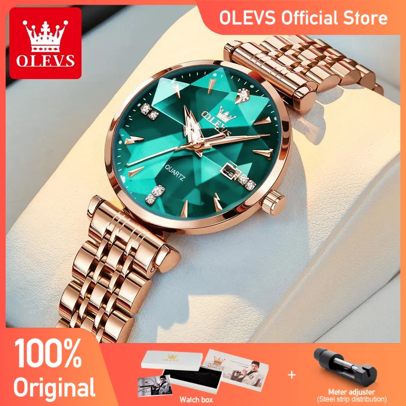 OLEVS Women\'s Watches Fashion Elegant Rhombic shape Mirror Original Quartz Rose Gold Satainless Steel Waterproof Strap Date