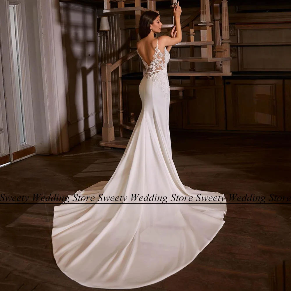 Sexy Court Train Mermaid Wedding Dress Spaghetti Straps Deep V Neck Beading Applique Backless Stretch Bride Vestido De Noiva