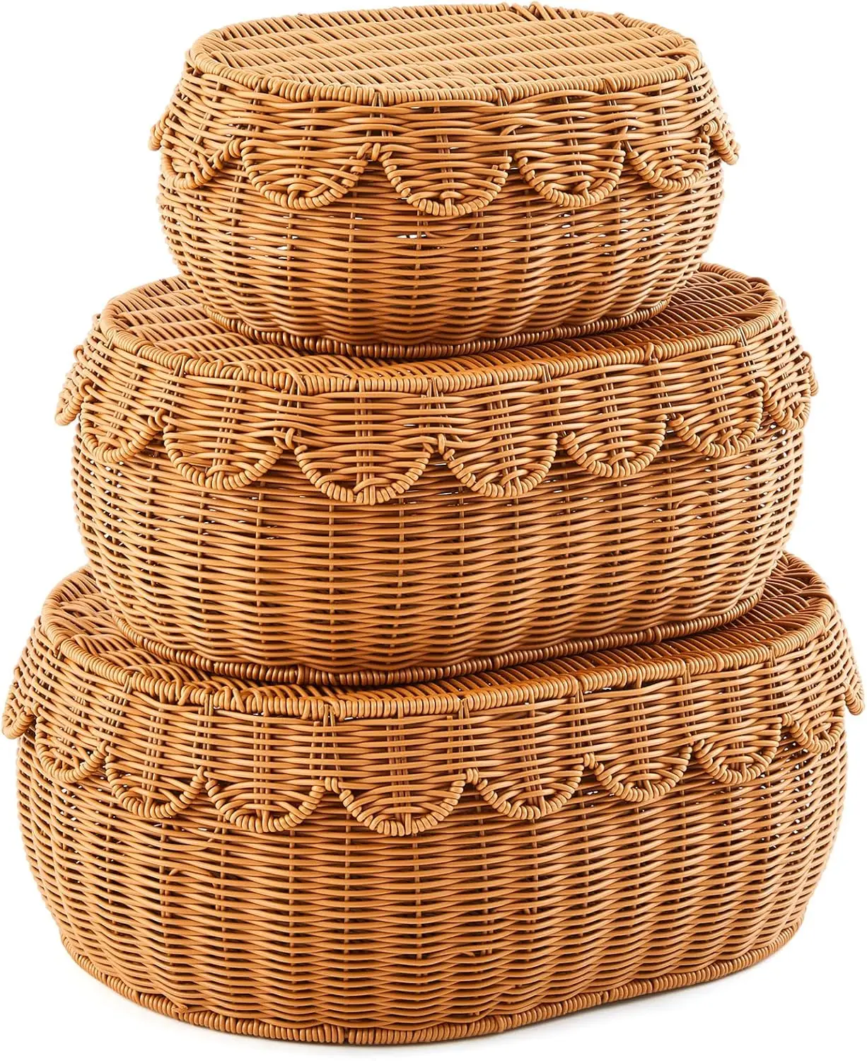 

3 Pcs Scalloped Rattan Baskets Baby Diaper Caddy Woven Rattan Wicker Storage Baskets with Lid for Nursery Storage Diaper