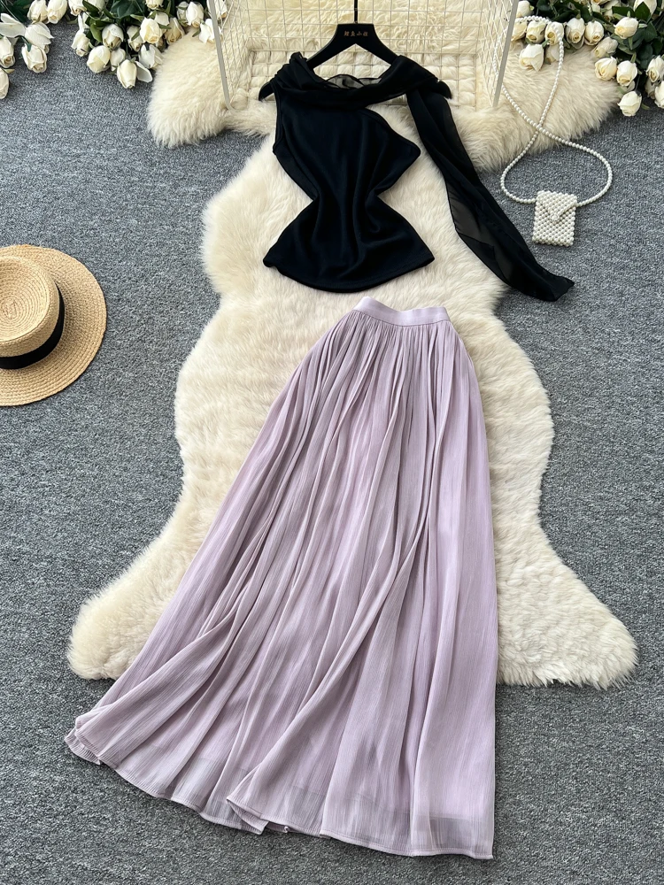 

Korean Style Commute Shoulder Bared Uneven Two Piece Set Women Summer Slim Fit Vest High Waist Pleated Skirt Elegance Set