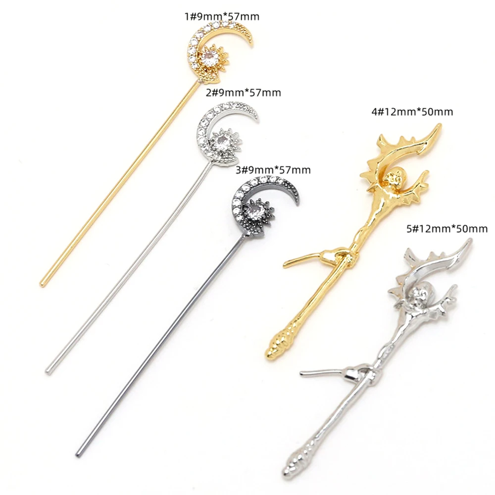 2 Pieces Gold-plated Copper Zircon Inlay Fairy Devil Cane Magic Wand DIY Makes Fashionable Jewelry Baroque Doll Accessories