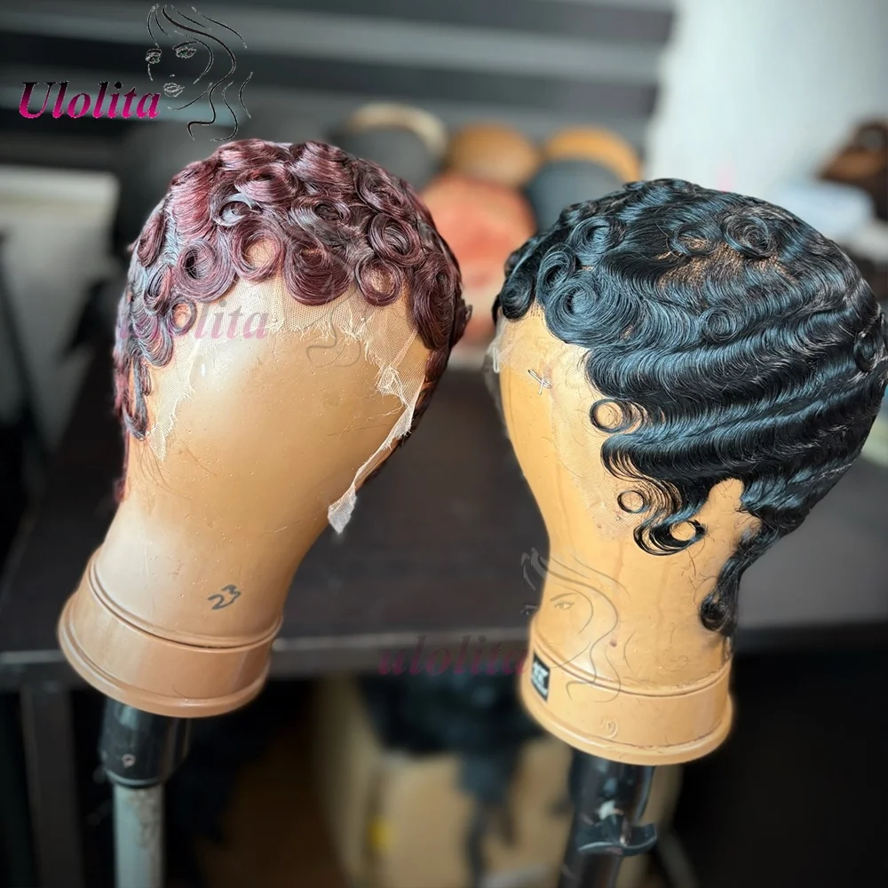 Premium Lockige Pixie-Cut 13x4 Lace Frontal Perücke aus Echthaar 99J 180% Dichte Kurze 6 Zoll geschichtete lockige Perücke ohne Klebstoff für Frauen – Detail 5