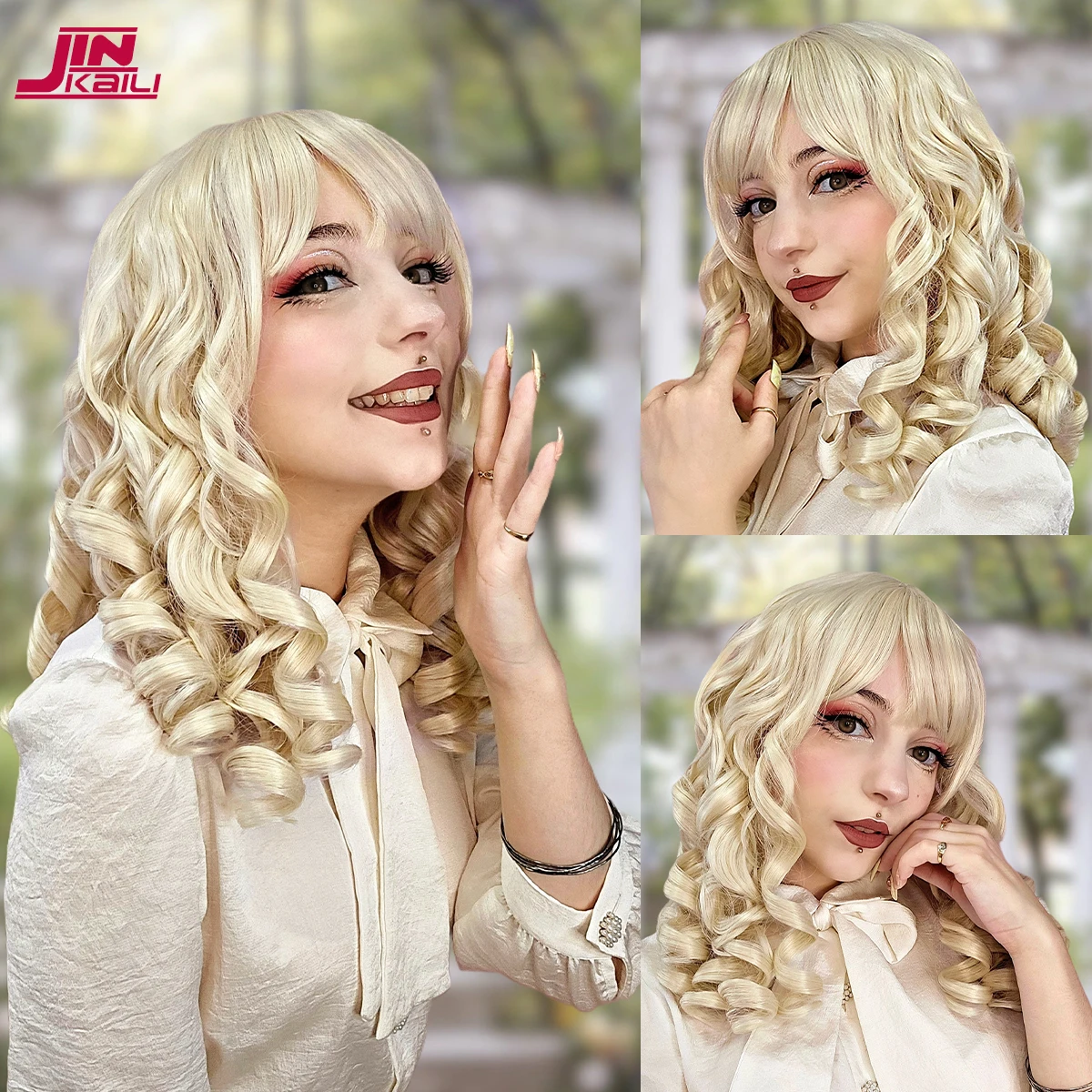 

JINKAILI Short Curly Blonde wig Retro Roman Curly Wig with Bangs Cute Lolita Wig Women Halloween Cosplay Wig Princess Curly Wig