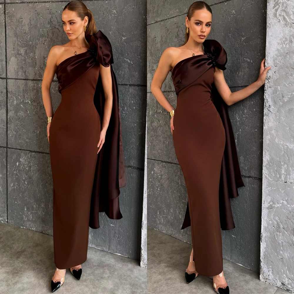 

Customized Sexy Jersey Halter Evening Dress Simple One Shoulder Prom Dresses Sparkly Mermaid Bow Special Occasion Gowns