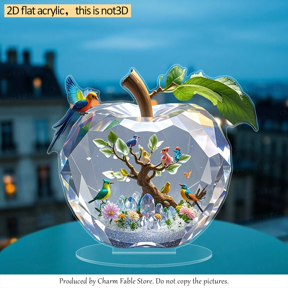 2D Flat, 2D Flat Acrylic Apple Surprise Gift Box with Colorful Birds, Floral Branches& Snow Base, No Assembly Tabletop Ornament