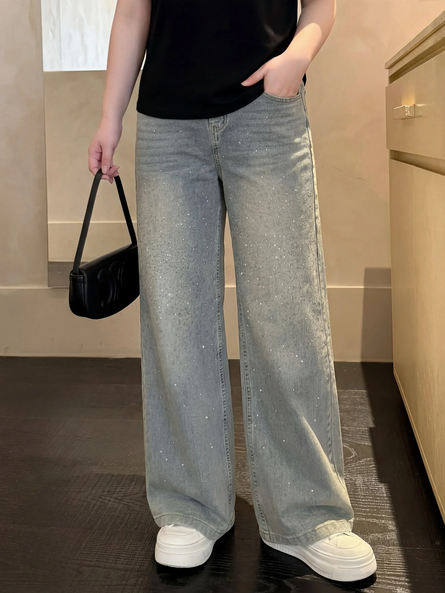 

High Waist Elastic Wide Leg Jeans for plus Size Women Spring New Style Vintage Rhinestone Casual Comfortable Cotton Blend