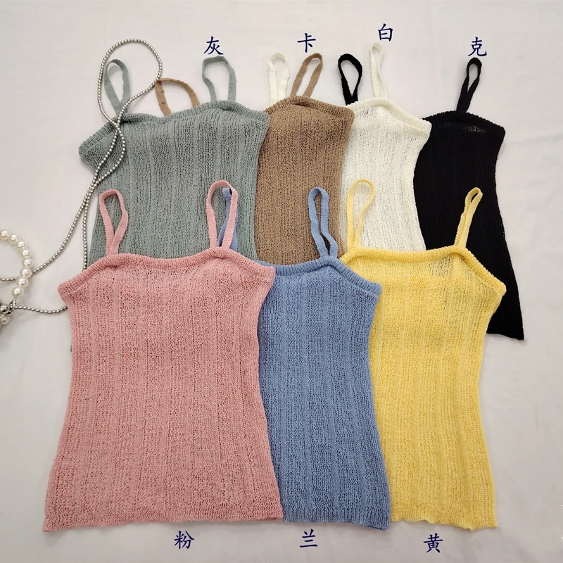 بلوزة كامي محبوكة للنساء المراهقات والفتيات الباستيل بدون أكمام Strappy تانك الأعلى الكورية أزياء الصيف عارضة الزي